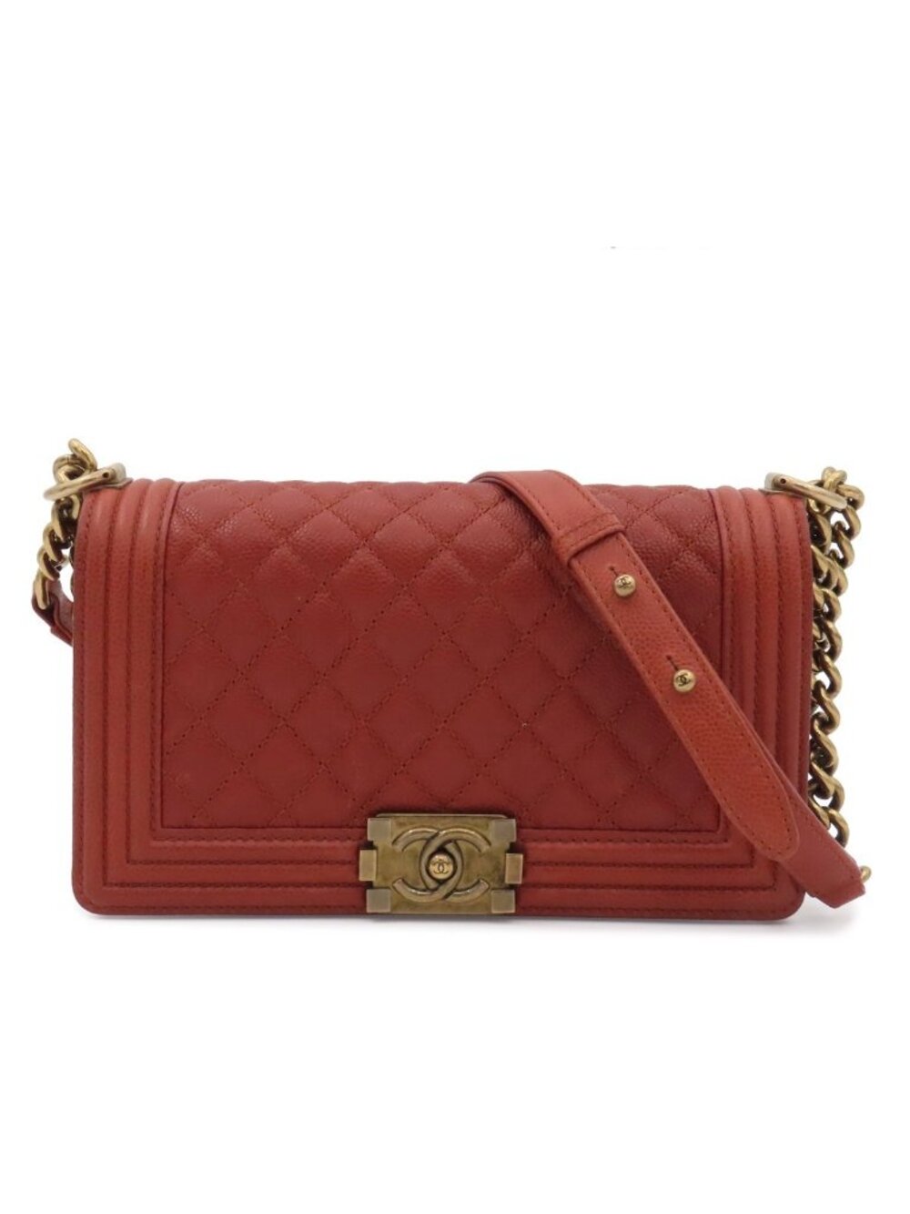 Chanel Chain Shoulder Bag Boy 25 Red Gold Caviar Leather